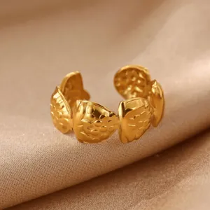 Exquisite 18K gold-plated stainless steel leaf ring, French vintage open adjustable design.