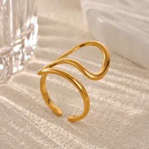 Close-up view of minimalist multi-layer geometric open gold ring with delicate lines.