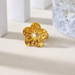 Vintage 18K gold plated stainless steel sunflower ring with elegant center pearl for women jewelry