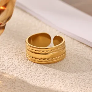 Gold stainless steel wide open ring vintage geometric textured adjustable finger ring