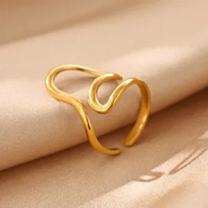 Minimalist geometric wave open ring detail, 18k gold plated stainless steel finger jewelry.