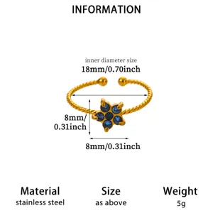 Stainless steel 18K gold plated open ring with blue cubic zirconia flower for women daily wear.