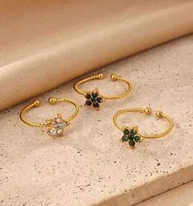 Colorful floral cubic zirconia ring 18K gold plated stainless steel open rings