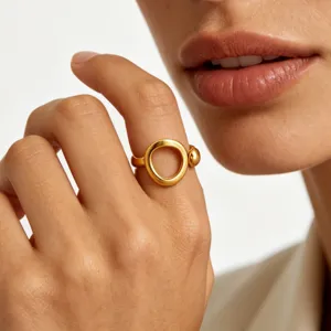 Minimalist gold plated stainless steel hollow circle ring finger close up detail display