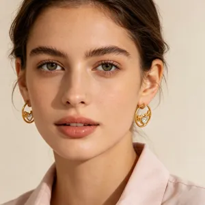 Close up view of stylish 18k gold plated stainless steel heart MOM zircon hoop earrings detail.