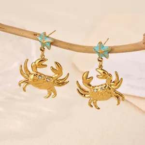 Exquisite 18k gold plated crab and starfish dangle earrings, elegant ocean style jewelry for women.