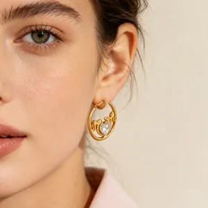 Stainless steel 18K gold plated heart MOM zircon hoop earrings for women ideal gift.