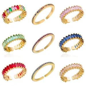 Colorful baguette zirconia gold plated open rings set, trendy sparkling crystal band jewelry.
