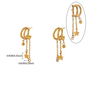Gold plated stainless steel multi-layer hoop earrings with star and gem charm details.