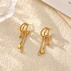 Gold-plated stainless steel multi-layer drop earrings with star and rhinestone detail.