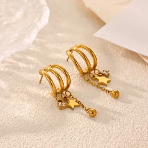 Gold Plated Multi-Layer Hoop Earrings with Star and Crystal Dangle Charms Jewelry