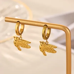 Stainless steel gold plated bird drop earrings, elegant fashion jewelry hoop accessory.