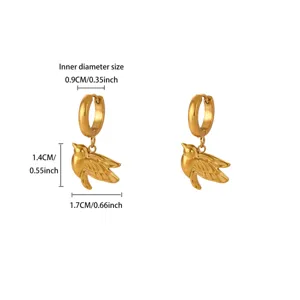 Gold stainless steel hoop earrings featuring a cute bird pendant with clear dimension details.
