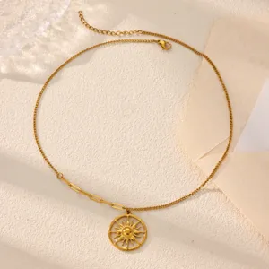 Gold sun pendant necklace, minimalist stainless steel clavicle chain for women daily wear.