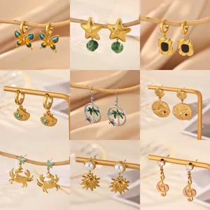 18K Gold Plated Stainless Steel Drop Earrings For Women Luxury Butterfly Floral Rhinestone Artificial Pearl Enamel Hoop Earrings Jewelry