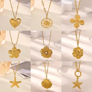 Fashion 304 Stainless Steel Flower Starfish Heart Pendant Necklace With Artificial Pearl Vacuum Plated Adjustable Link Chain For Women Jewelry Gift