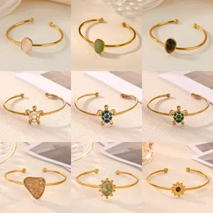 Minimalist Stainless Steel Open Bangle For Women Gold Plated Imitation Jade Turtle Pendant Sunflower Geometric Cuff Bracelet Party Jewelry Gift