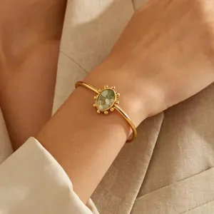 Minimalist 18k gold plated stainless steel open cuff bracelet with green stone inlay for women