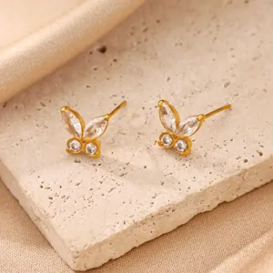 18K Gold Plated Stainless Steel Mini Butterfly Stud Earrings with Sparkling White Zirconia