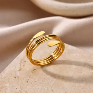 Minimalist gold stainless steel multi-layer open ring detail view showing smooth finish.
