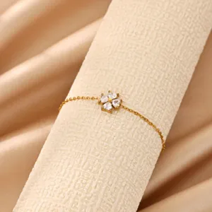 Gold plated stainless steel four leaf clover zircon crystal chain bracelet for women details