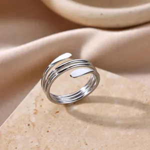 Silver stainless steel multi-layer open ring for women, stylish minimalist finger jewelry.