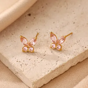 Dainty 18k gold plated stainless steel pink cubic zirconia butterfly stud earrings.