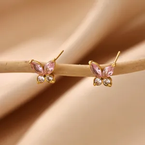 Gold-plated butterfly stud earrings with sparkling pink and clear cubic zirconia stones.