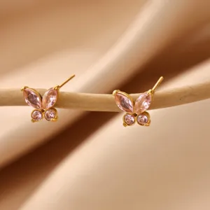 Pink cubic zirconia butterfly stud earrings, elegant gold plated stainless steel jewelry.