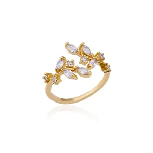 Gold leaf open ring with sparkling cubic zirconia, trendy adjustable minimalist fashion jewelry.