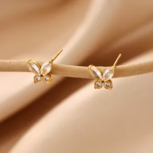 Gold Plated Butterfly Zirconia Stud Earrings Elegant Small Women Fashion Jewelry Item