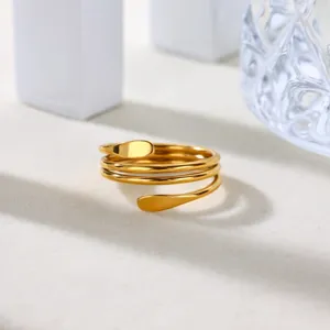 Detailed close-up of a stylish gold stainless steel multi-layer open ring, elegant and minimalist design.