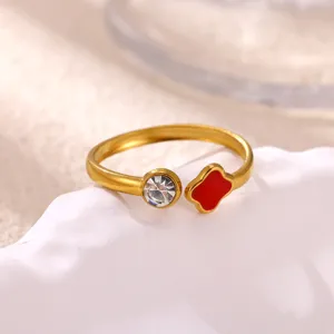 Exquisite gold-plated stainless steel red clover zircon open ring closeup detail view