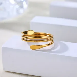 Close-up detail of the elegant multi-layer gold-colored stainless steel open ring display.
