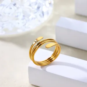 Close-up detail shot of the multi-layer open stainless steel ring, modern gold design.