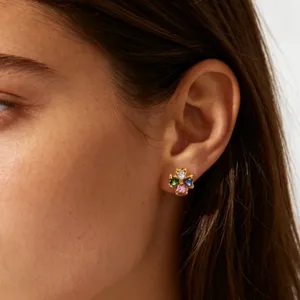 Elegant colorful zirconia clover stud earrings, 18k gold plated stainless steel jewelry.