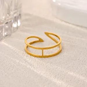 Stainless steel gold open ring detail, minimalist multi-layer design, elegant daily hand jewelry.