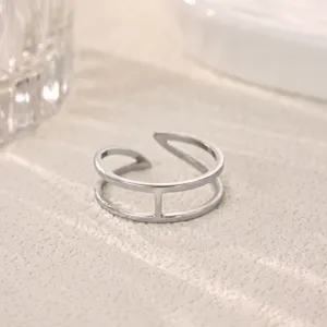 Minimalist stainless steel double band open ring, chic European style everyday jewelry detail shot