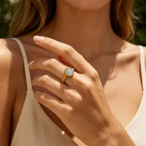 Exquisite 18k gold plated stainless steel ring featuring a delicate oval light blue gemstone.