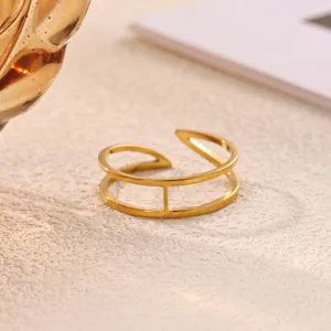 Minimalist gold stainless steel double band open ring, chic daily jewelry detail shot.