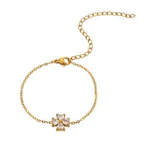 18K Gold Plated Stainless Steel Four Leaf Clover Zircon Bracelet Women Jewelry Main