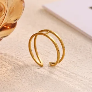 Minimalist gold stainless steel double band open ring, chic daily jewelry detail shot.