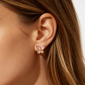 Gold plated mini butterfly stud earrings with pink and white cubic zirconia for women
