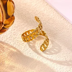Gold chain ring detail view, stainless steel open ring for women fashion daily wear.