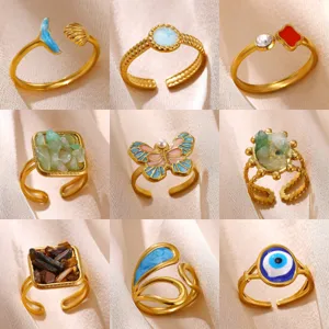18K Gold Plated Stainless Steel Open Ring For Women Evil Eye Butterfly Clover Shell Colorful Enamel Adjustable Finger Ring Jewelry