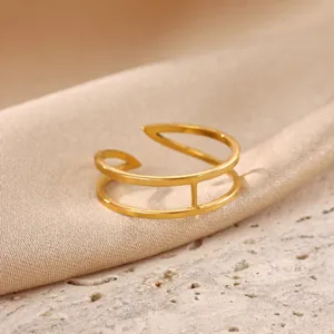 Gold stainless steel double band open ring, minimalist geometric fashion finger jewelry detail.