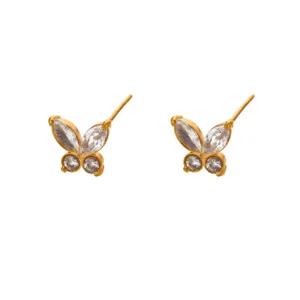 Gold plated butterfly stud earrings decorated with sparkling clear cubic zirconia for women