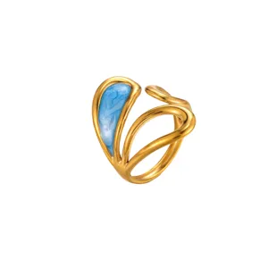 Exquisite 18k gold plated stainless steel open ring with blue enamel butterfly design.