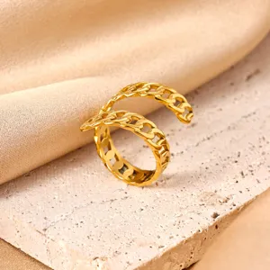 Close-up detail of the 18k gold plated chain ring on textured stone and silk background.