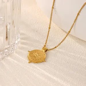 Gold plated stainless steel compass flower pendant necklace for women fashion jewelry detail